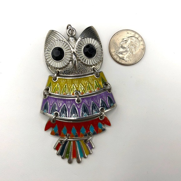 Vtg Articulated Multicolor Owl Pendant Enameled 3.5" Aztec Style w/ Crystal Eyes - Picture 6 of 7